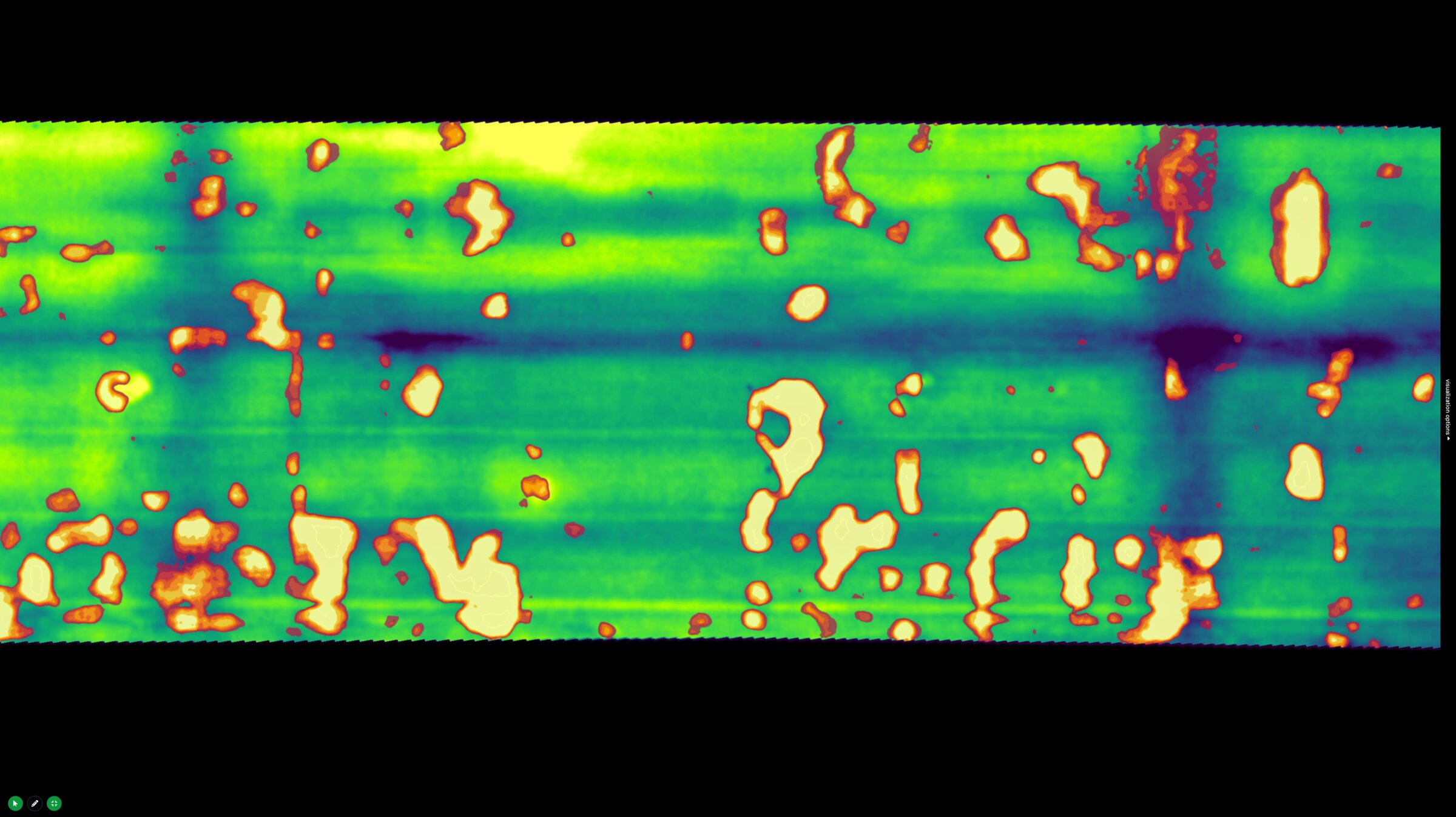 A thermal ortho-mosaic of a bridge deck with detected anomalies highlighted