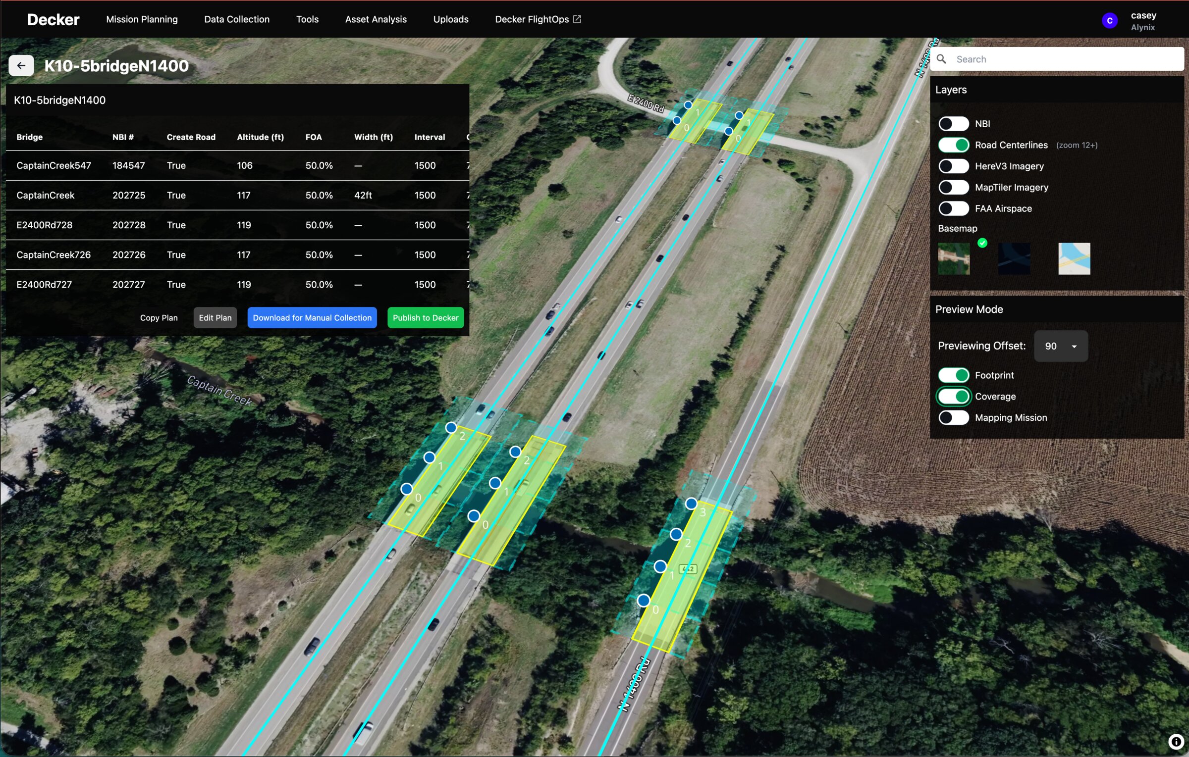 Flight planning over a cluster of bridges, with capture footprints and coverage overlays