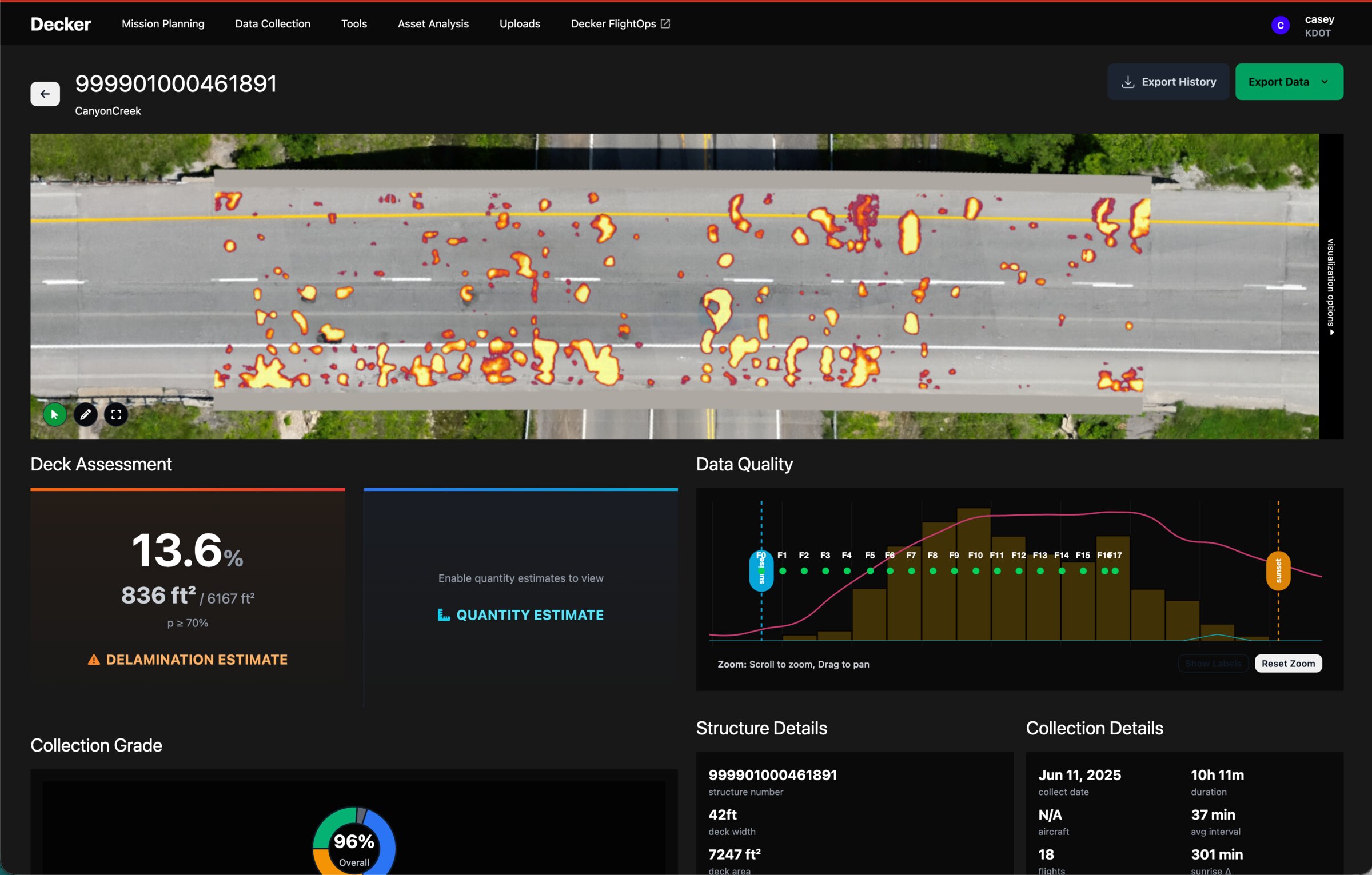 Deck assessment report with detected delamination overlaid on aerial RGB imagery, plus deck and data-quality metrics